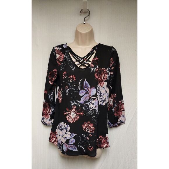Maurices Floral 3/4 Sleeve V Neck Criss Cross Sheer Chiffon Black Blouse Size XS - Picture 3 of 8